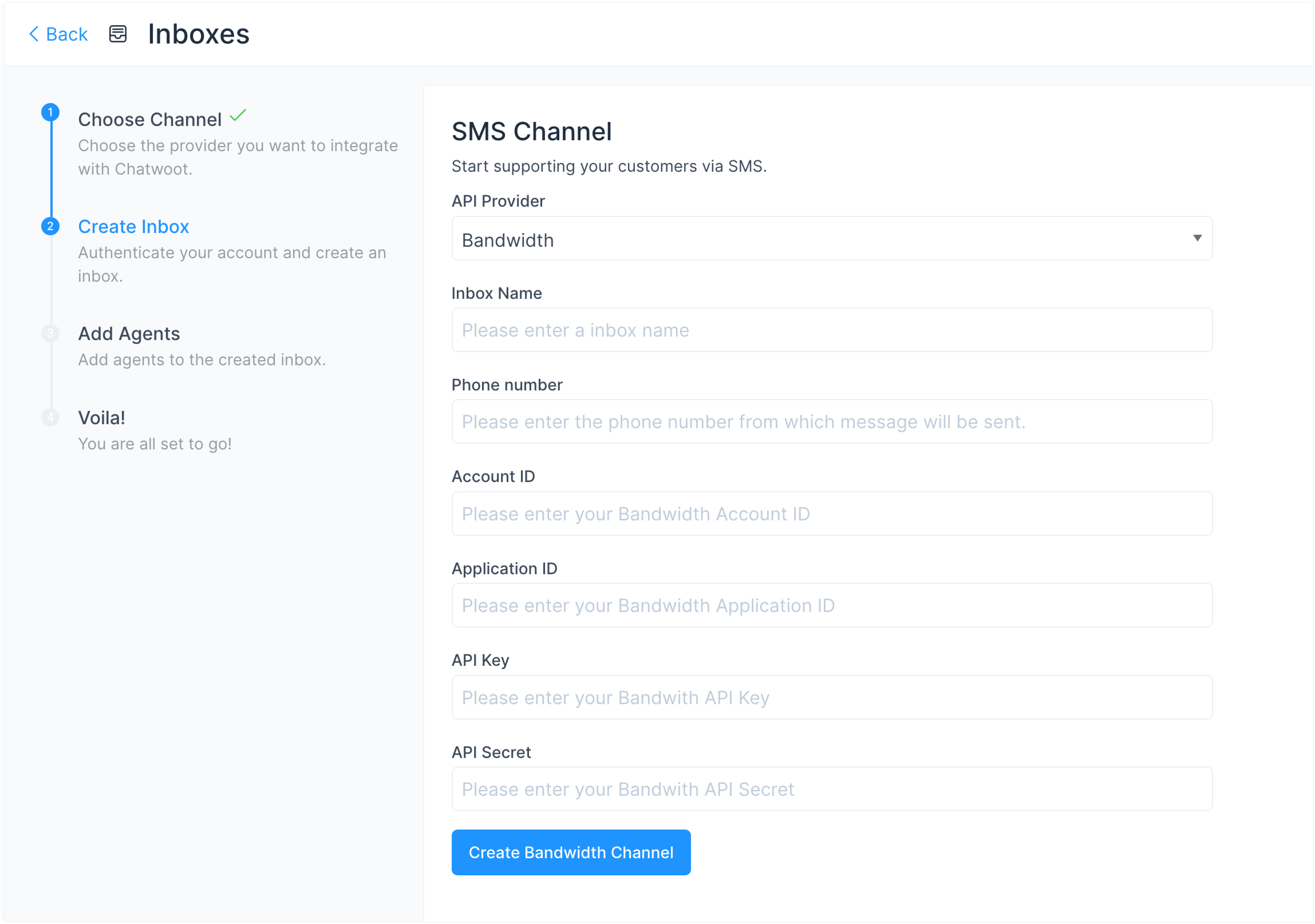 Configuración de la bandeja de entrada SMS con Bandwidth en WhatChat