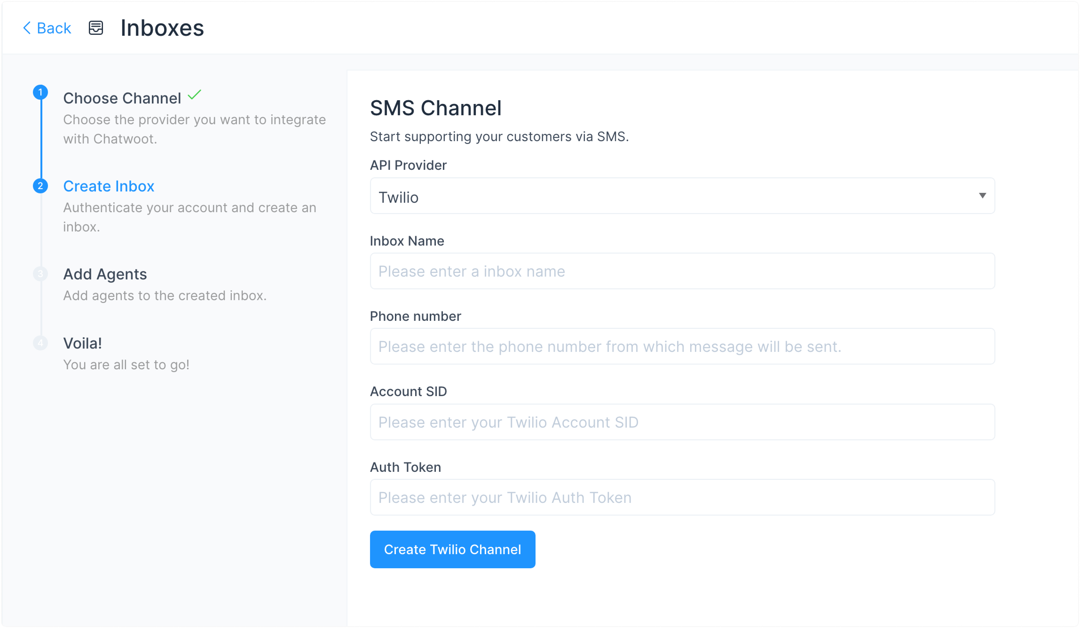 Configuración de la bandeja de entrada SMS con Twilio en WhatChat