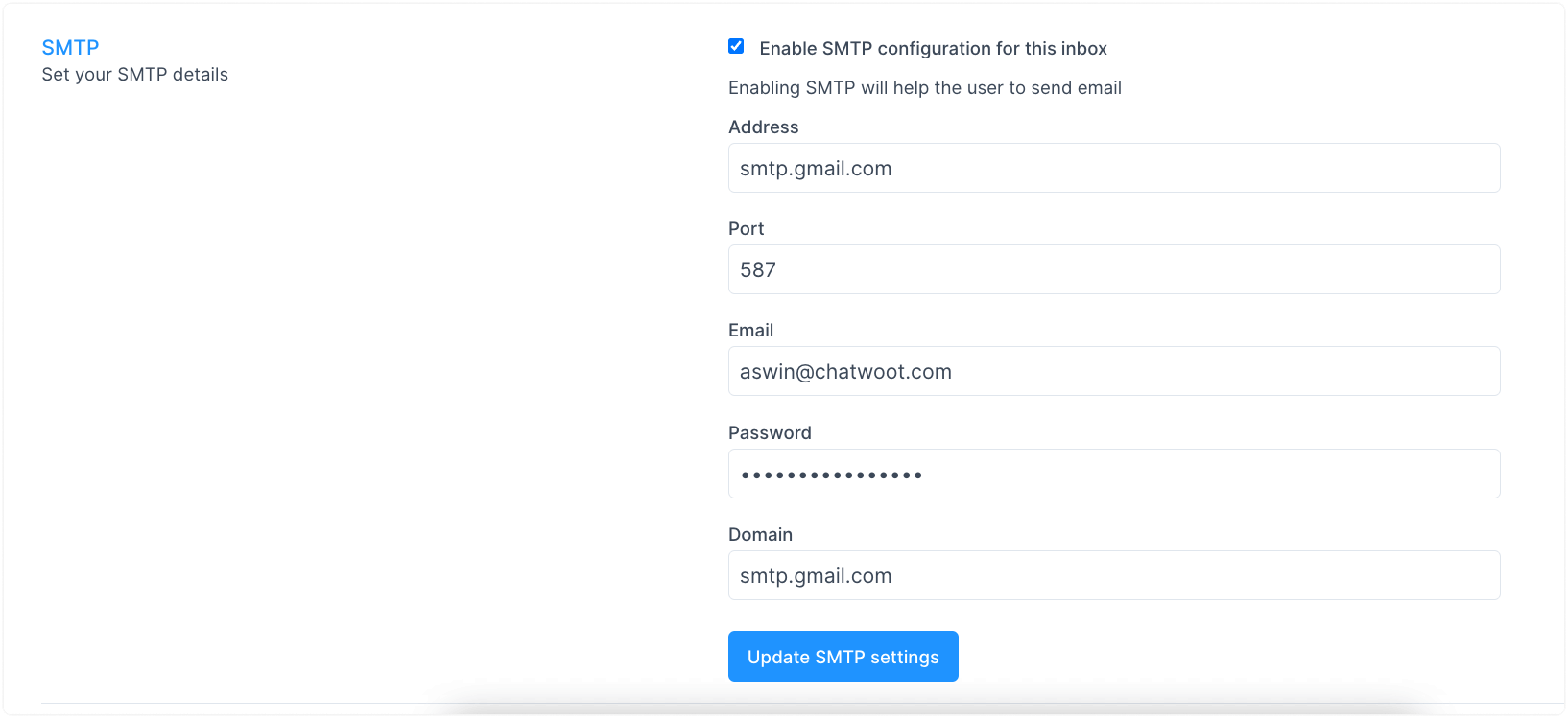 Configuración de SMTP en WhatChat