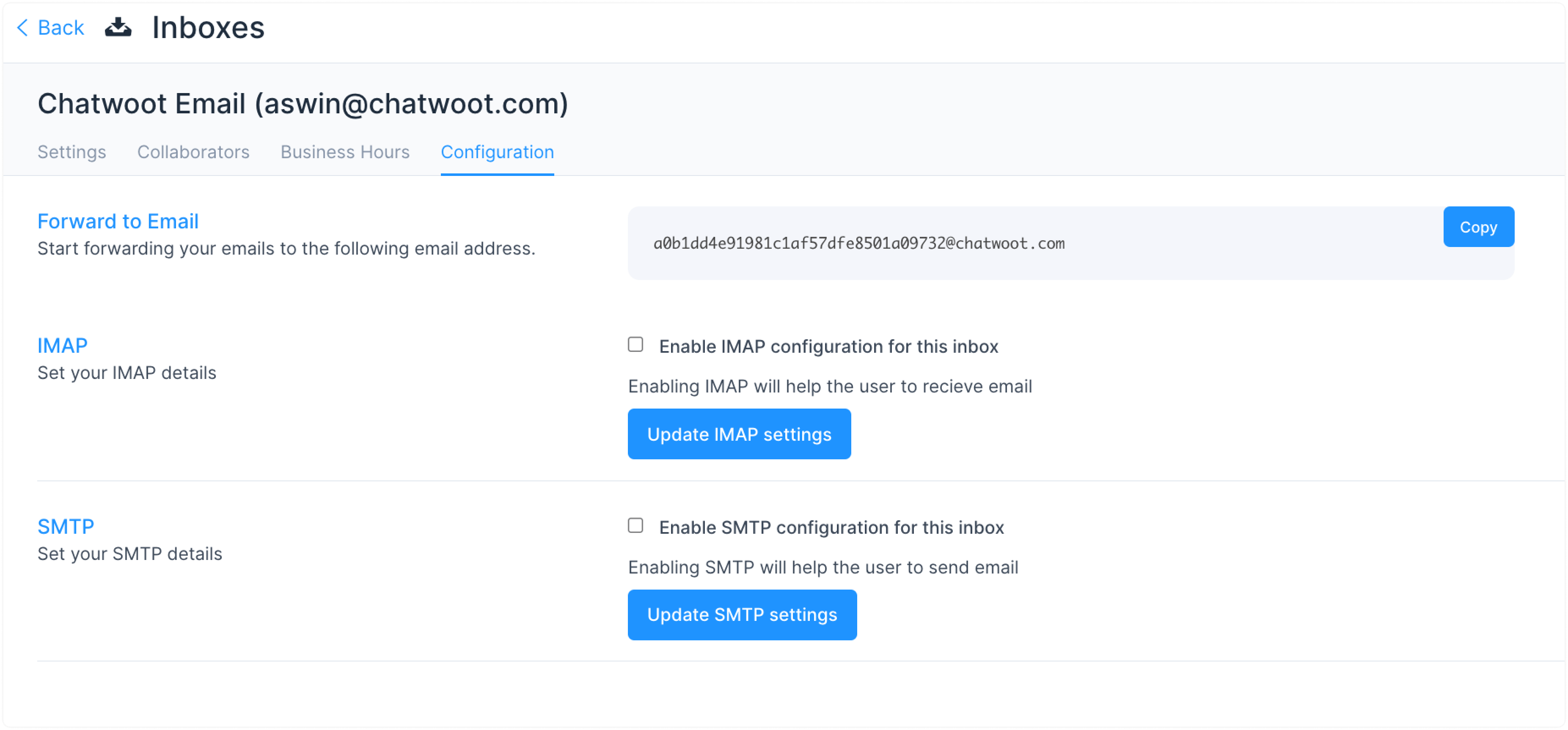 Configuración de bandeja de entrada de correo en WhatChat