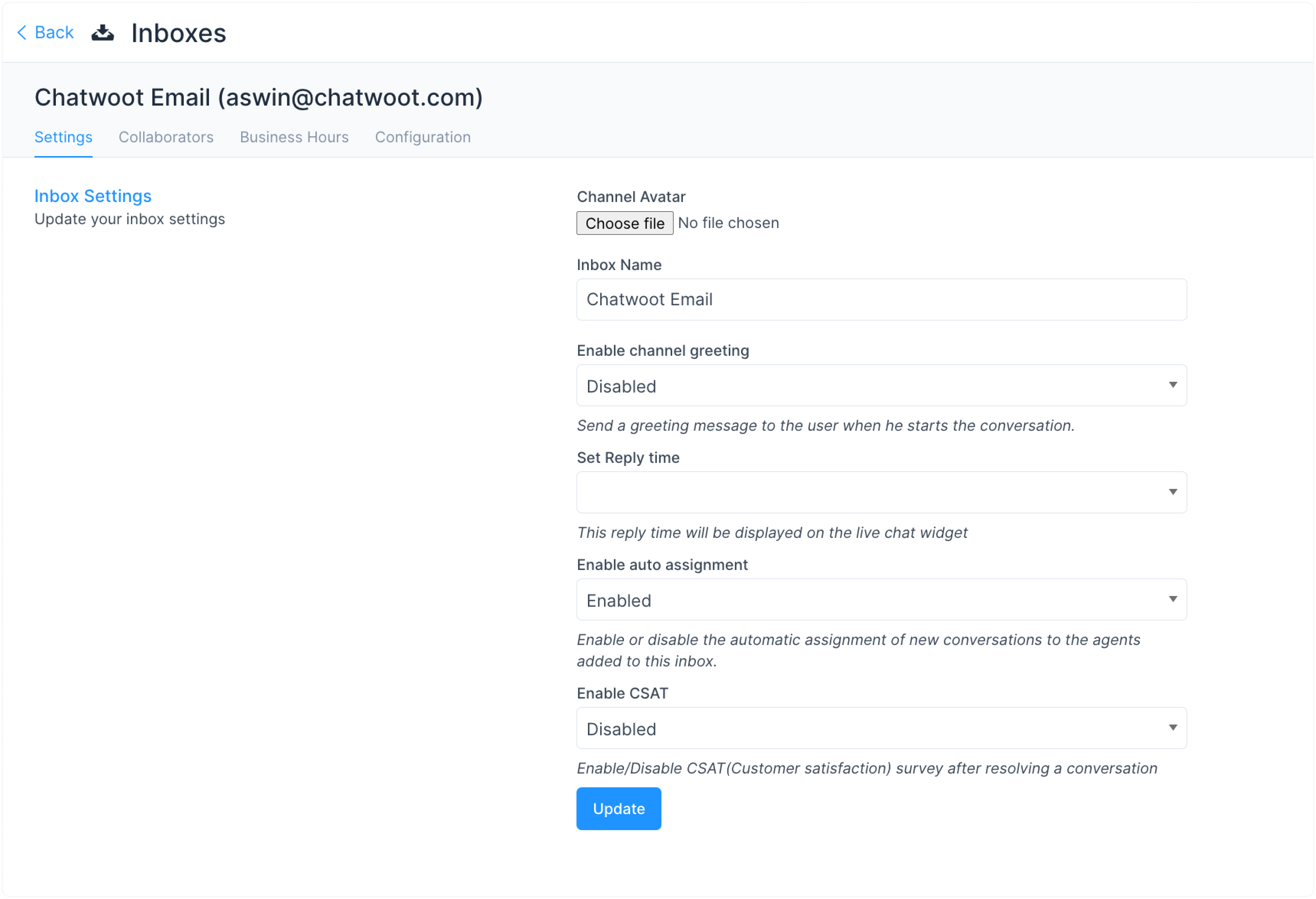 Configuración de bandeja de entrada de WhatChat