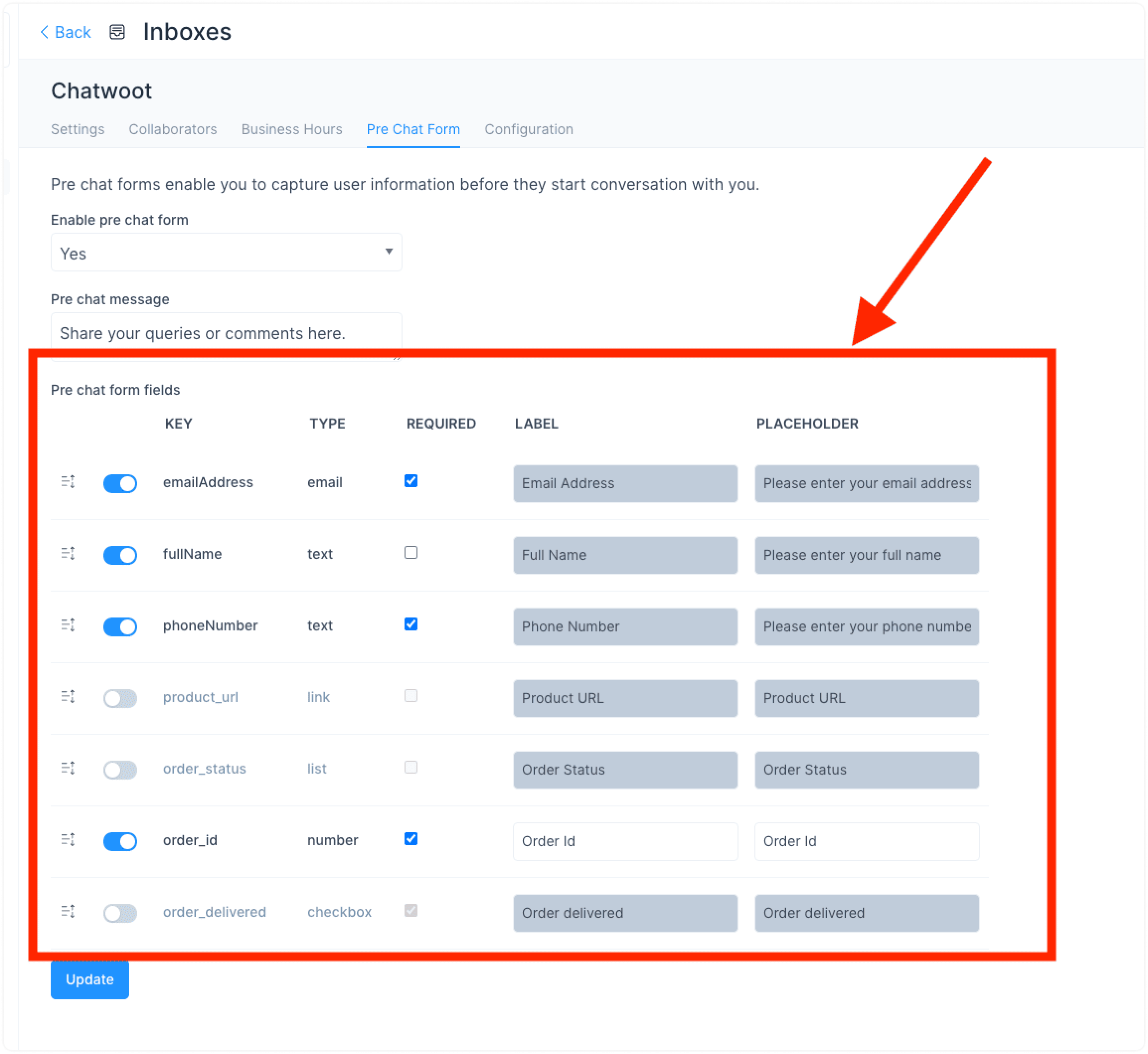 Configuración del formulario de pre-chat en WhatChat