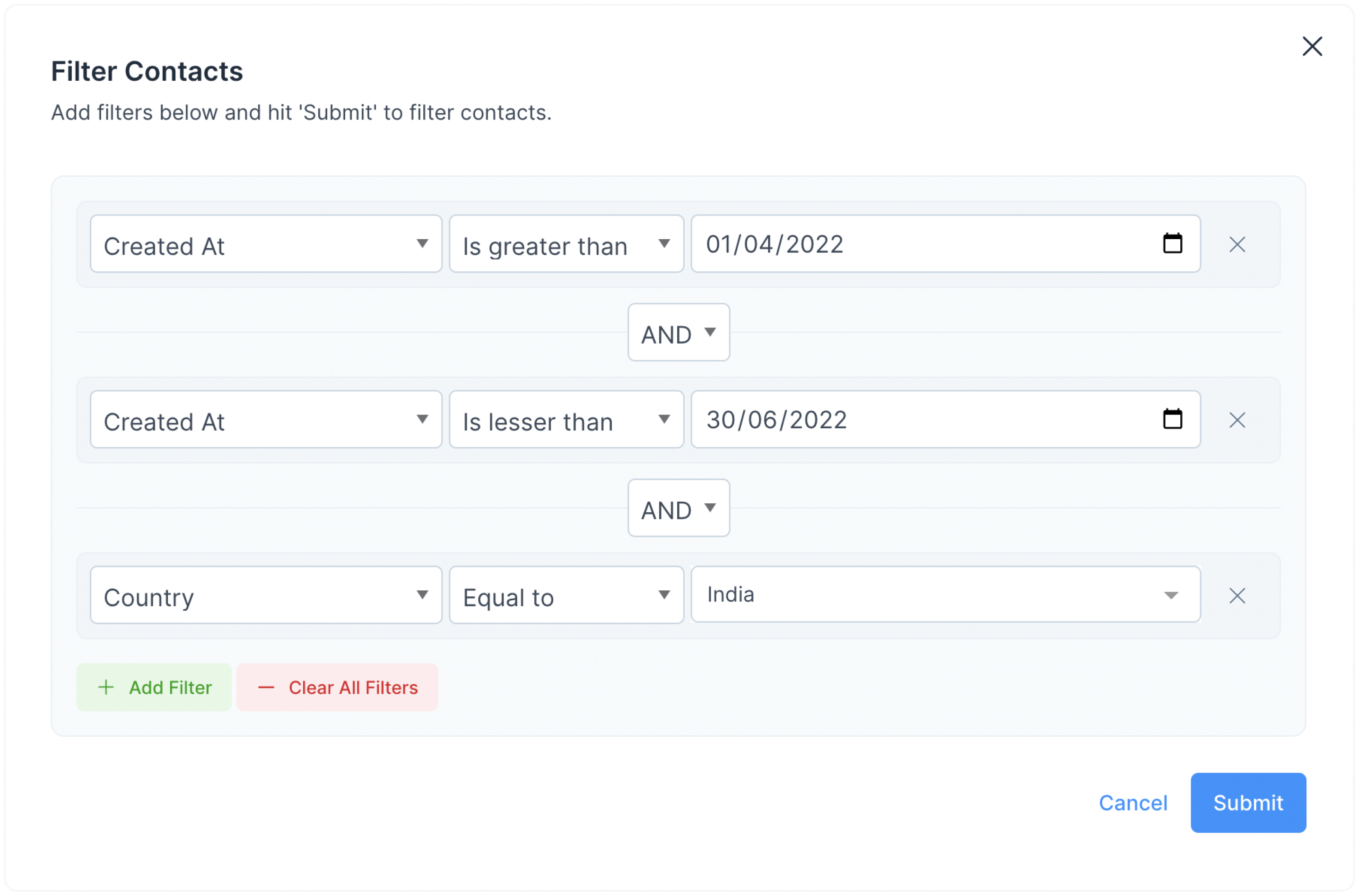 Ejemplo de filtros de contacto